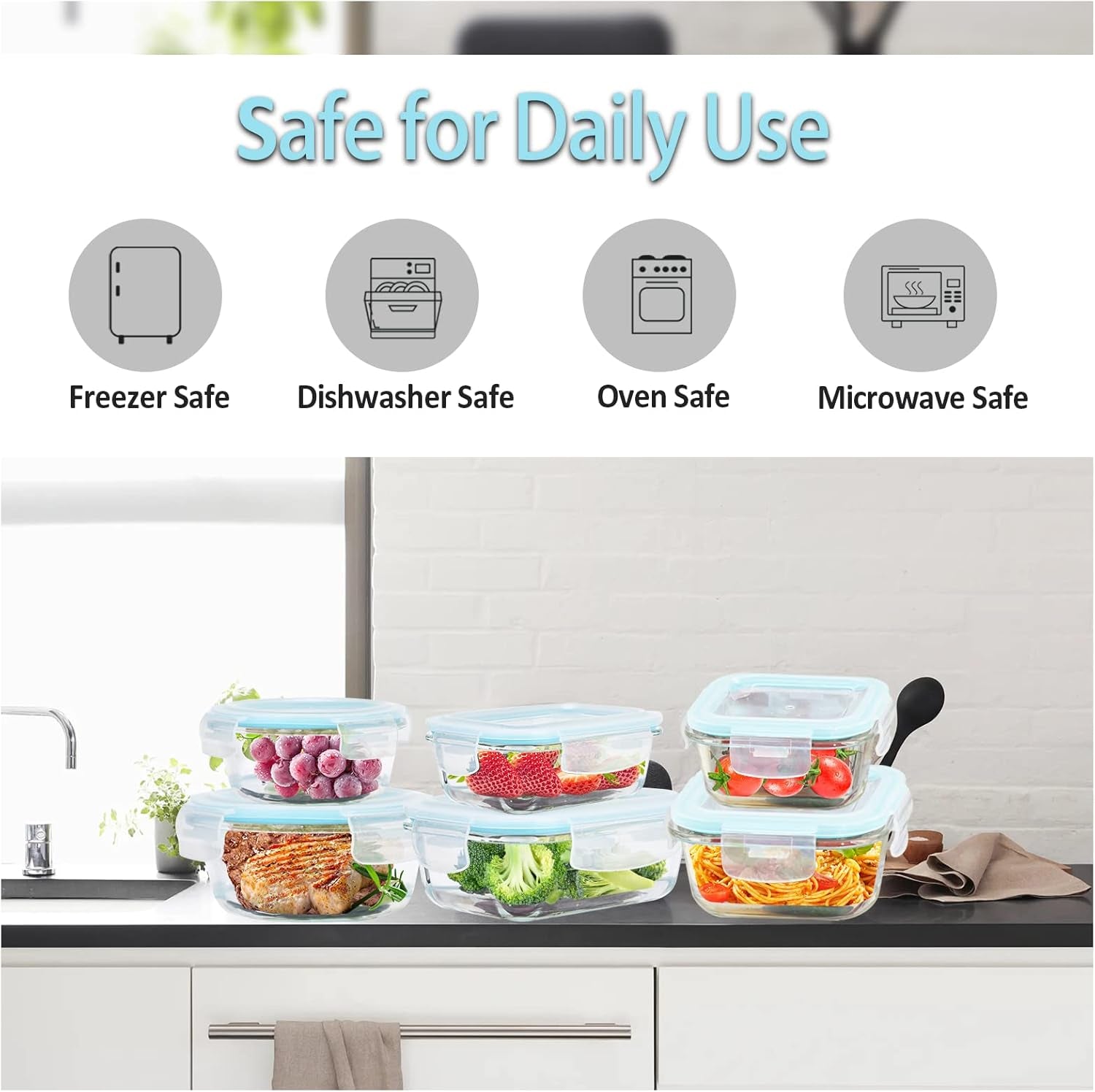Glass Food Storage Containers with Lids Airtight 6 Pack, Glass Storage Containers with Lids for Food, Not Easy Broken & Leak Proof, Oven/Dishwasher Safe, Blue
